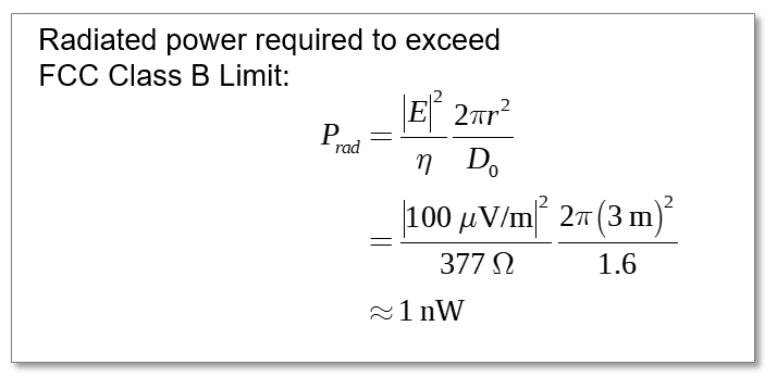Calculation of power required to produce a 100 microvolt per meter field at a distance of 3 meters