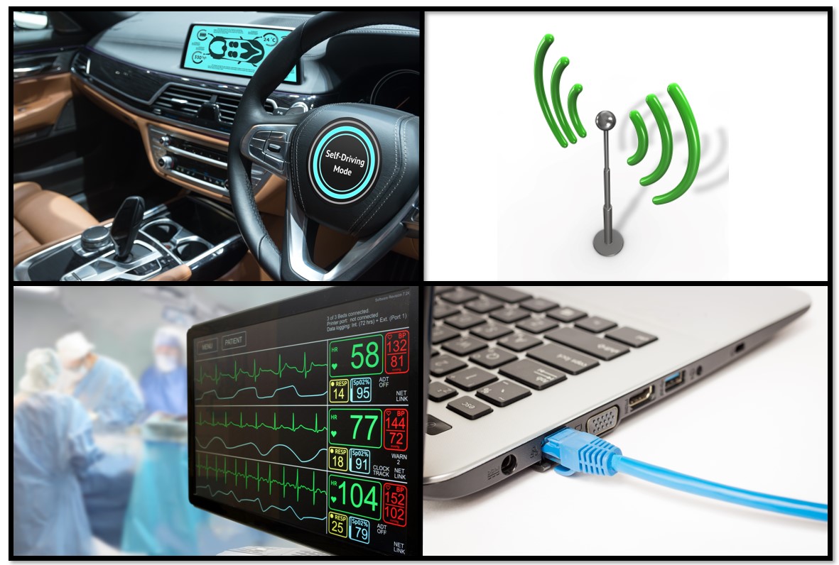 four pictures; transmitting antenna, laptop computer, heart monitor, self-driving car dashboard.