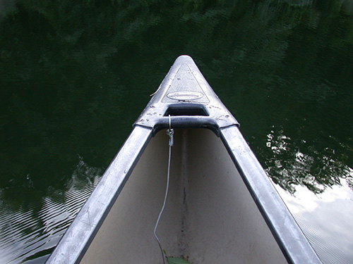 Bow of an aluminum canoe
