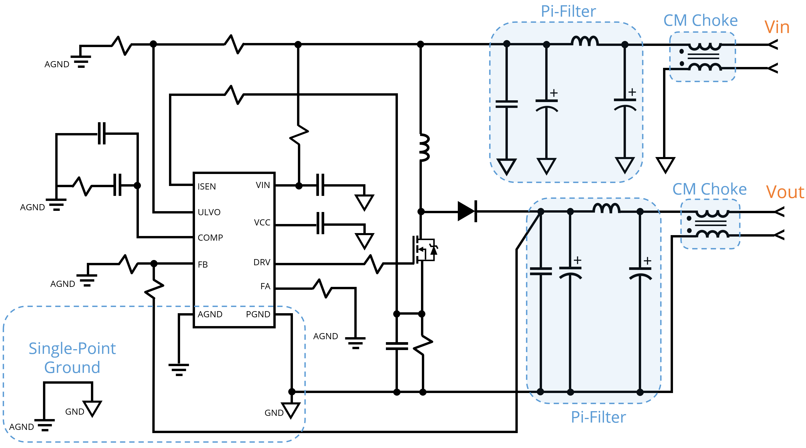 Schematic for a buck converter including pi-filters and common-mode chokes on the power input and ouput