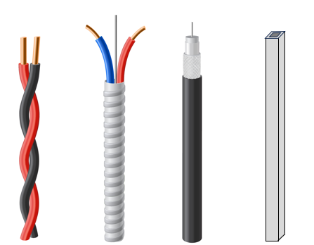 A twisted wire pair, a shielded wire pair, a coaxial cable and a rectangular waveguide