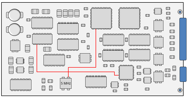 Illustration of a circuit board with 5MHz clock distributed to three digital components