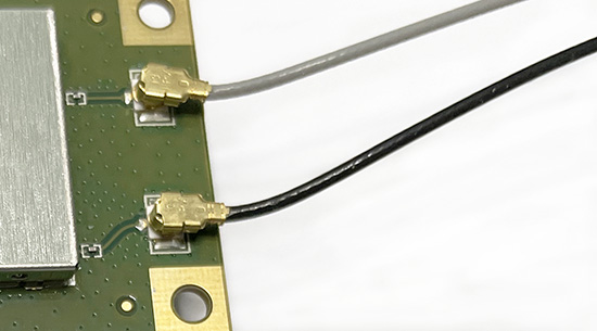 Two coaxial cable connections to a circuit board