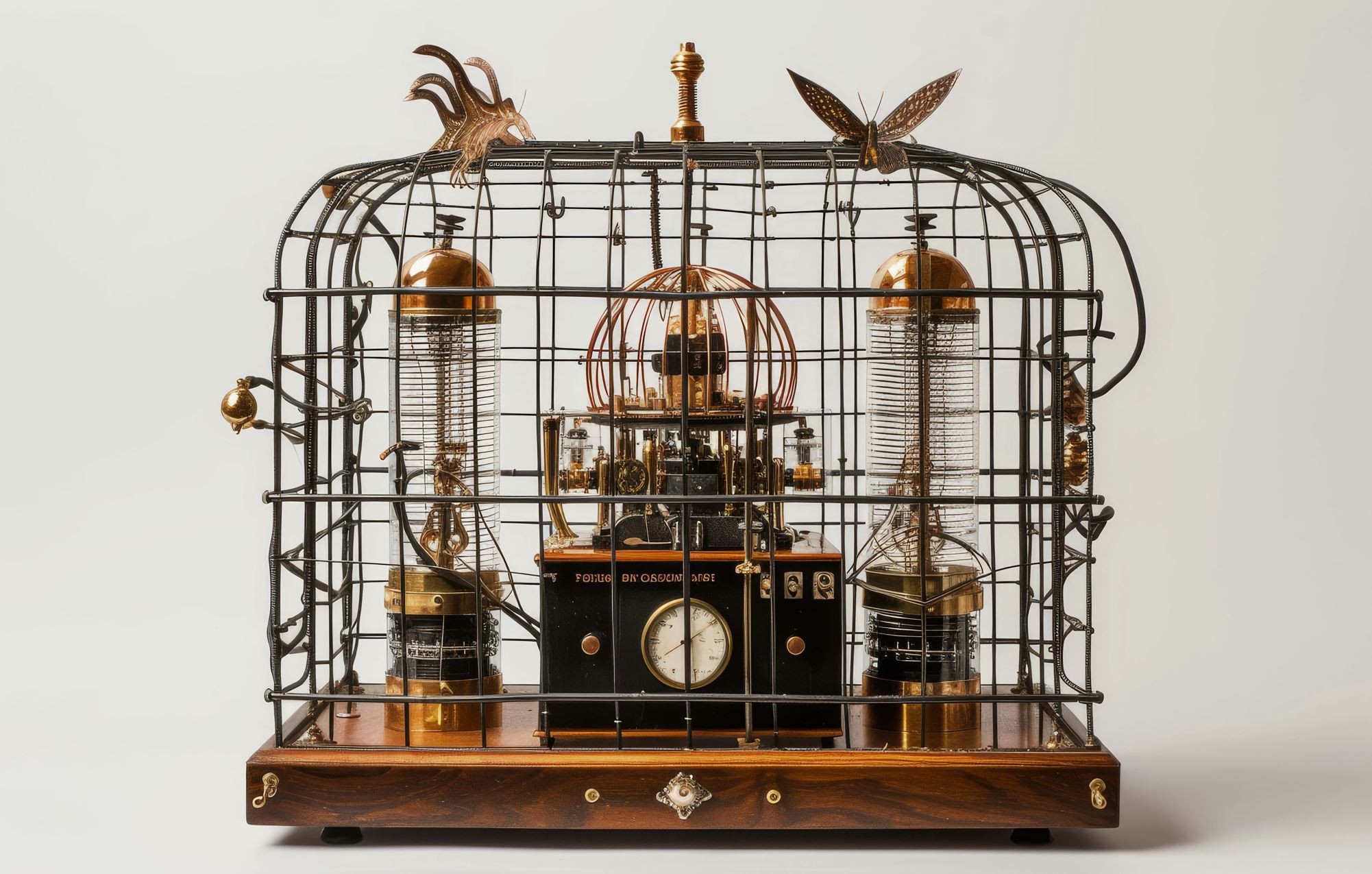 old electromechanical devices in a bird cage