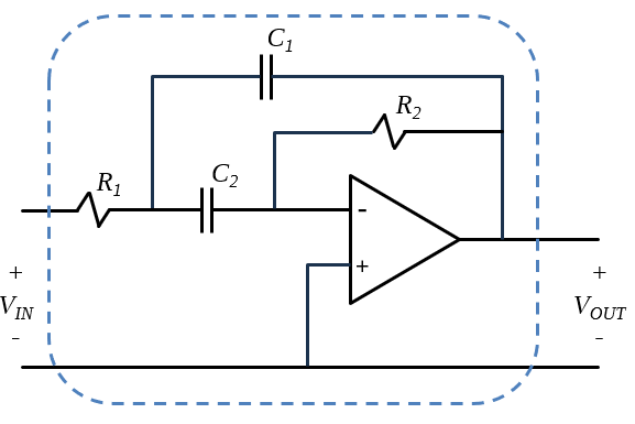 Schematic of a two-port network with resistors, capacitors and an op-amp