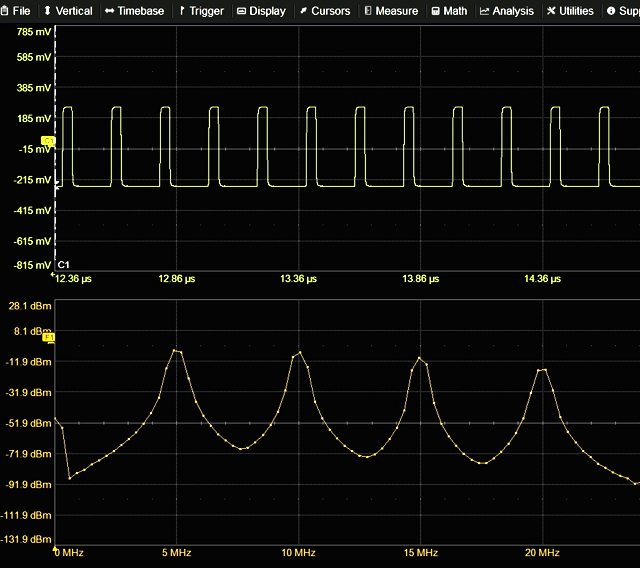 image showing a time domain and frequency domain representation of a pulse train measured on a digital oscilloscope
