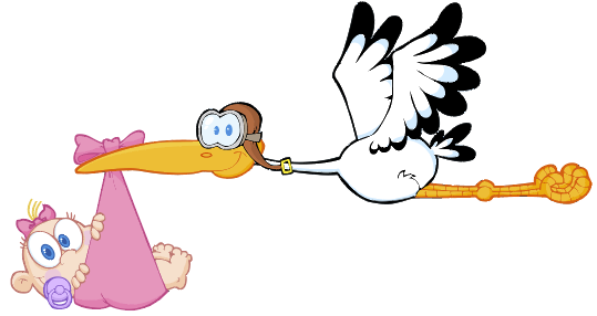 Cartoon stork with baby