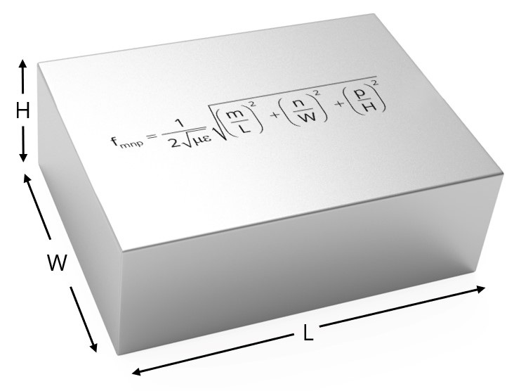 a metal box with Length (L) width (W) and height (H) and the equation for resonant frequencies of a rectangular cavity stamped on the top
