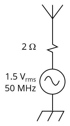 schematic showing a 1.5-volt, 2-ohm source driving an antenna