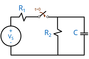 circuit with voltage source and switch ready to charge a capacitor in parallel with a resistor