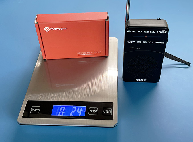 small electronic scale and an FM radio