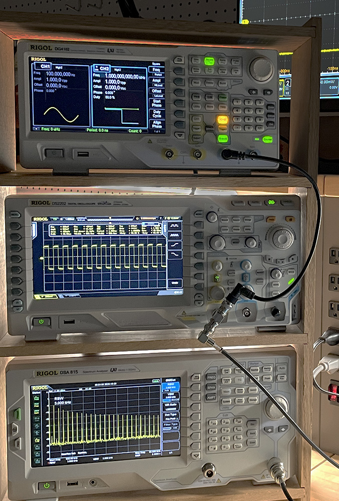 1-MHz square wave displayed on an oscilloscope and a spectrum analyzer