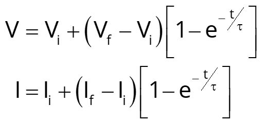 Equations describing exponential change in voltage and current from an initial value to a final value with a time constant, tau